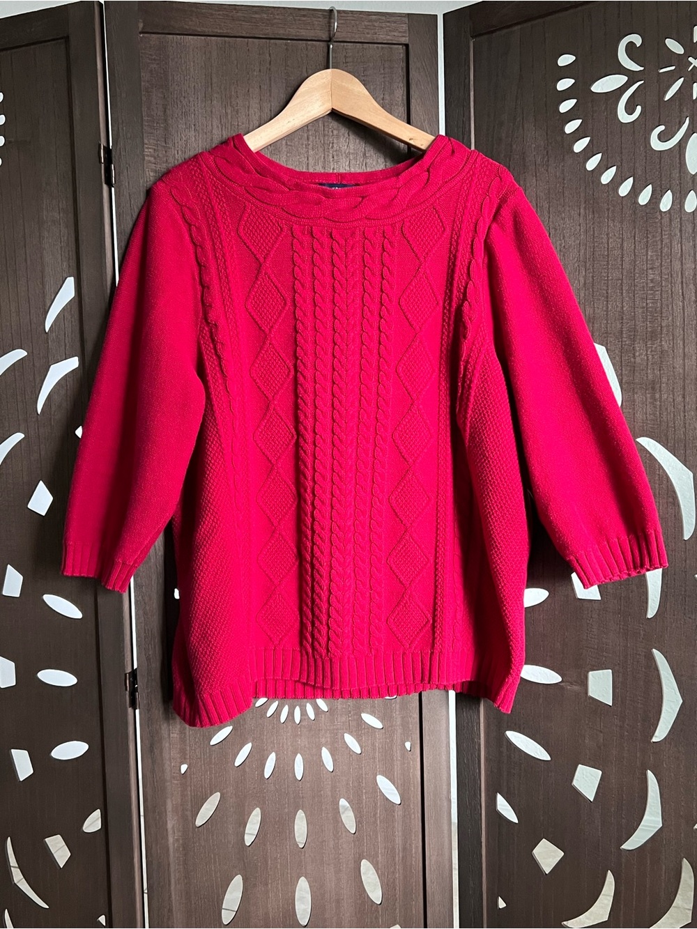 Lands' End Bright Red Cable Knit Scoop-Neck Sweater
